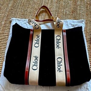 Chloe woody large black recycled wool with leather trim tote